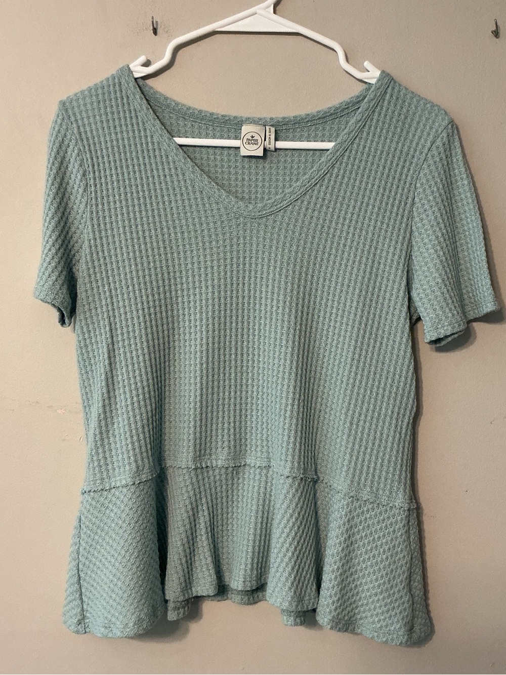 Paper Crane Seafoam Waffle Knit Peplum V-Neck Top